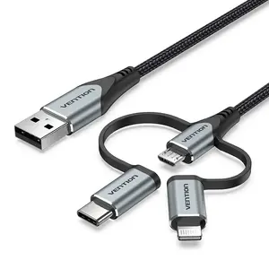 USB 2.0 multi‑connector cable Vention 1 m — USB A to Lightning + Micro‑B + USB‑C, grey, aluminum alloy