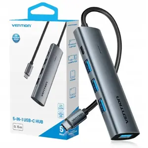 USB‑C 5-в-1 хаб Vention TGZHB — USB‑C на 4× USB‑A, HDMI, SD, TF, кабель 0.15 м, алюминий, серый