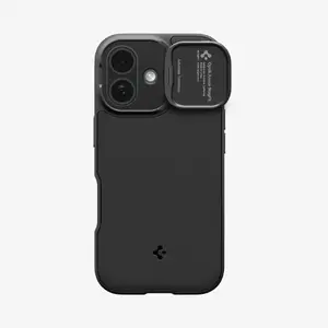 Protective cover Spigen Optik Armor (Mag Fit) for iPhone 17 — Black, supports up to 16 cm (6.3") screen, desktop stand