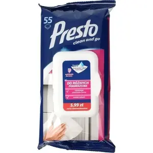 Tīrīšanas komplekts PRESTO Presto 2w1 — universālas mitrās salvetes 55 gab. ar tīrīšanas līdzekli
