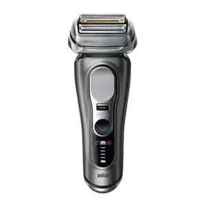 Sietveida skuveklis BRAUN Series 9 Pro+ 9655cc — pelēks, iebūvēta Li‑Ion baterija, pogas, 168×66×44 mm