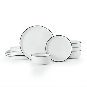 Dinnerware set MIKASA Limestone for 4 persons, 12 pieces, white with black rim, porcelain