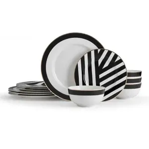 Galda piederumu komplekts MIKASA Luxe Deco 12 gab. (4 personām), porcelāns, balts/melns