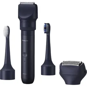 Тример для путешествий Panasonic X-Shape Travel — синий, Li‑Ion встроенный аккумулятор, насадки для бороды, тела, волос, фольг. бритва, зубная щетка, 1–30 мм, 196×49×43 мм
