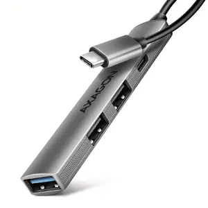 USB centrmezgls AXAGON HUE-STC, 4 portu alumīnija korpuss, 1x USB-A 5Gbps + 2x USB-A un 1x USB-C 480Mbps, USB-C hosta kabelis 12 cm, pelēks