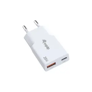 EQUIP 2‑Port 20W GaN Slim USB PD Charger — USB‑C x1, USB‑A x1, Input 100–240V, Max Output 12V, White