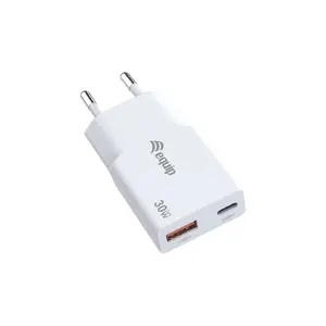 EQUIP 2-Port 30W GaN Slim USB PD Charger — USB‑C x1, USB‑A x1, 100–240V input, max 20V output, white