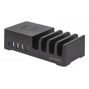 Зарядная станция Manhattan с съемной беспроводной панелью, 1× беспроводной 2A, 1× USB‑C 3A, 4× USB‑A (3×2,4A, 1×3A), кабель 1 м, черная