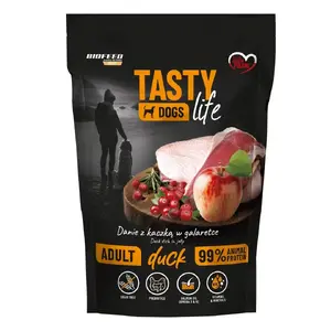 Влажный корм для собак BIOFEED Tasty Life Утка 150 г — полнорационный влажный корм для взрослых, влажность 78%, белок 11.5%