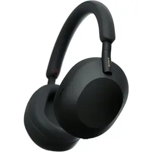 Bezvadu austiņas uz ausīm Sony WH-1000XM5 — trokšņu slāpēšana, Bluetooth, ilgs baterijas darbības laiks, melnas