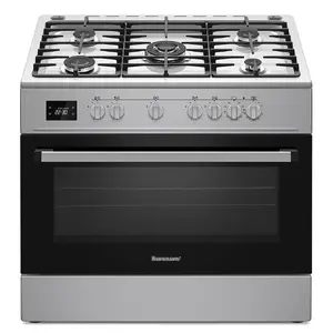 Brīvi stāvoša plīts Ravanson KWGE-K90A Cheff Modern — 90 cm, gāzes 5-zonu virsma ar 3000 W wok, elektriskā cepeškrāsns 110 L, sudraba