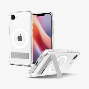 Aizsargvāks Spigen Ultra Hybrid S (MagFit) iPhone 16e — PC+TPU, caurspīdīgs ar baltām detaļām, priekš 6,1" ekrāna, ar galda statīvu