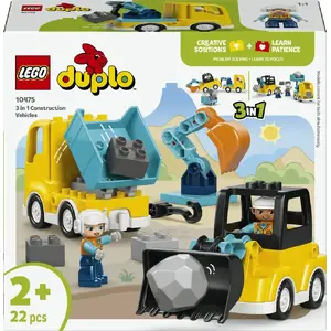 LEGO DUPLO construction vehicles 3-in-1 set 10475 — 22 pieces, 2 minifigures, ages 2+