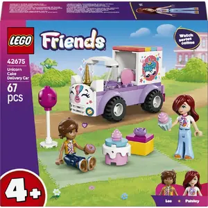 Playset LEGO Friends 42675 Unicorn Cake Delivery — themed set with 67 pieces, 2 mini-dolls, recommended age 4+