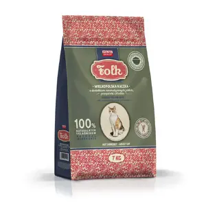 Mitrā barība kaķiem Folk Wielkopolska ar pīli, aromātiskām ābelēm, tītarkodīti un siļķi — 7 kg, pilnvērtīgs pieaugušiem, olbaltumvielas 34%, tauki 16%