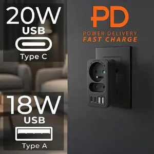 Power splitter MACLEAN MCE249 F/B — 2 AC sockets (16A + 6A) with 2×USB-A and 2×USB-C PD 20W, EU plug, black