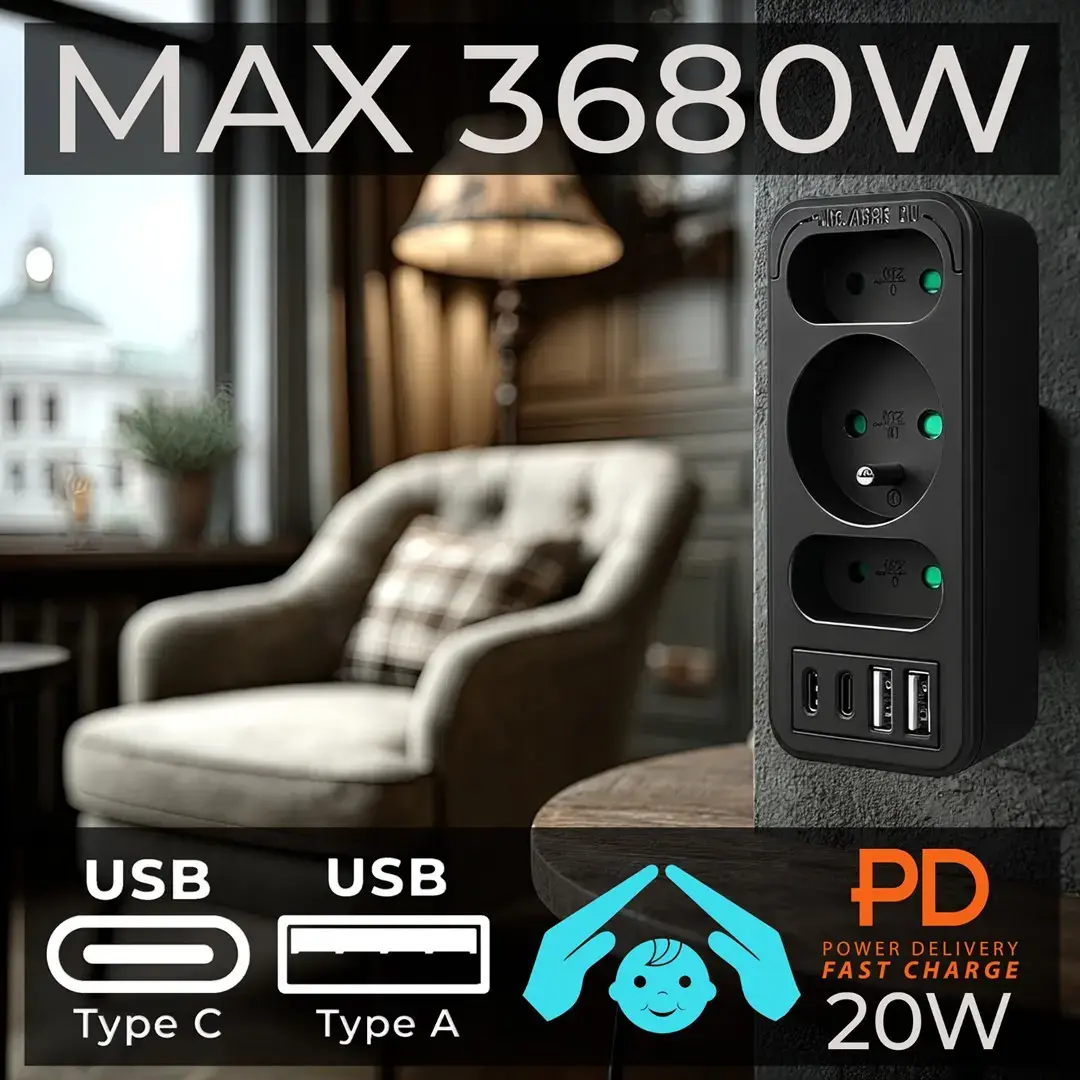 MACLEAN MCE248 F/B sadalītājs — 3 kontaktligzdas + 4 USB Photo 12