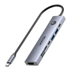 USB-C хаб Unitek H1124AGY01 с 100W PD, HDMI 2.0, 2x USB‑A, 2x USB‑C, кардридер SD/microSD — алюминий