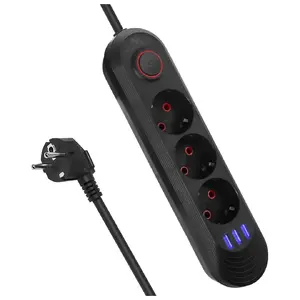 Сетевой фильтр MACLEAN MCE394 B — 3 розетки + 3×USB A, 110–240В, 2.1A USB, 2500W, кабель 1,5 м, чёрный