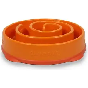 Lēnas ēšanas bļoda Outward Hound Fun Feeder Mini — maza oranža ar veidotu iekšpusi sausai un mitrai barībai