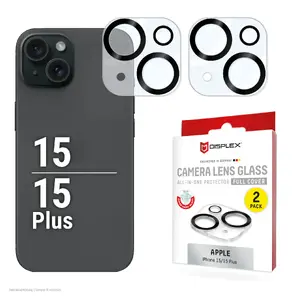 Camera lens tempered glass protector for iPhone 15 / 15 Plus, Epson, 10H, full cover, quick mount, 2-pack
