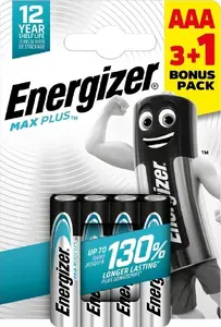 Alkaline AAA batteries Energizer Max Plus CHP4 3+1 pack, disposable, 1.5V