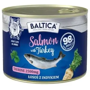 Влажный корм для кошек BALTICA Salmon with Turkey 185 г — полноценный корм для взрослых, влажность 72,5%, белок 13,2%