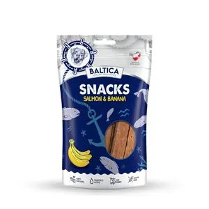 Mitrs suņu našķis BALTICA EXCELLENT Snack Salmon & Banana 80 g — treniņu gardums pieaugušiem suņiem, olbaltumvielas 59,8%, maisiņš