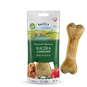 Suņa košļājamā kaula BALTICA pīle ar ābolu, 75 g — dabīga garduma gabals pieaugušiem suņiem, zobu aplikuma profilakse