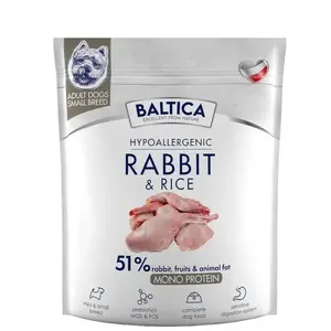 Sausais barības produkts suņiem BALTICA Hypoallergenic Rabbit & Rice XS/S 1 kg — pieaugušiem mazām šķirnēm (5–10 kg), olbaltums 26%, tauki 14%