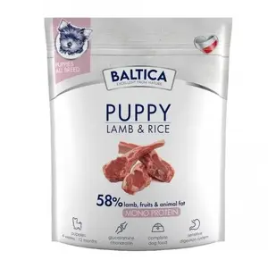 Sausais barības produkts kucēniem BALTICA Hypoallergenic Lamb & Rice 1 kg — pilnvērtīga barība, 32% olbaltumvielu, 18% tauku