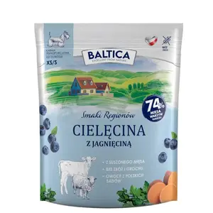 Pilnvērtīgas mitras barības suņiem BALTICA Cielęcina z jagnięciną XS/S 1 kg — teļa gaļa ar jēru, paciņa maziem pieaugušiem suņiem
