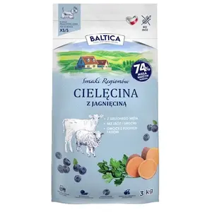 Sauss barības suņiem BALTICA SMAKI REGIONÓW Cielęcina z jagnięciną XS/S 3 kg — bezgraudu, pieaugušiem maziem šķirnēm