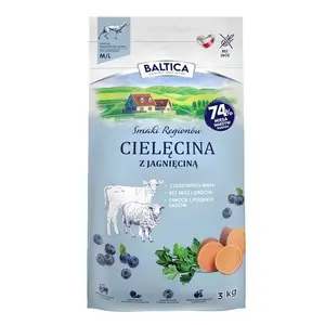 Sausais barība suņiem BALTICA Cielęcina z jagnięciną M/L 3 kg — pieaugušiem vidējiem/lieliem, teļa un jēra, 28% olbaltumvielu, 15% tauku