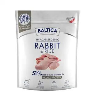 Sausais barības maisījums suņiem BALTICA Hypoallergenic Rabbit & Rice M 1 kg — pieaugušiem vidēja izmēra suņiem, 26% olbaltumvielu, 14% tauku