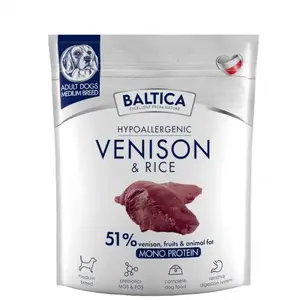 Sausais barības šķirnes suņiem BALTICA Hypoallergenic Venison & Rice M — 1 kg, vidējām šķirnēm, 28% olbaltumvielu, 15% tauku