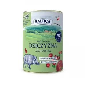 Mitrs suņu barības BALTICA brieža gaļa ar dzērvenēm 400 g — pilnvērtīgas konservētas pieaugušo barības, olbaltumvielas 11%, tauki 7,5%