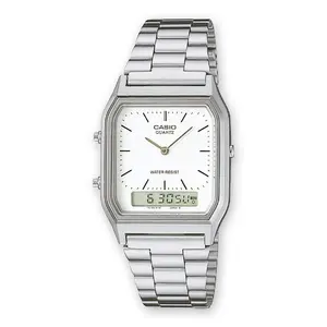 Rokaspulkstenis CASIO AQ-230A-7DMQYES kvarca hibrīds (digitāls-analogais), tērauda korpuss un siksna, dubultais laiks, modinātājs, apgaismojums