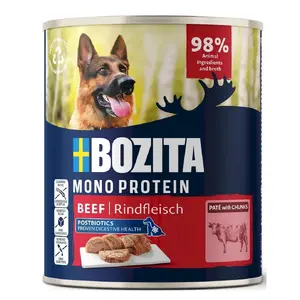 Konservēta suņu barība BOZITA liellopa paštē 800 g — mitrā pilnvērtīgā barība pieaugušiem suņiem, 11% olbaltumvielu, 8% tauku, bez graudiem un glutēna