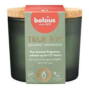 Glass jar candle with cork lid Bolsius True Joy Ø66×83 mm — botanic freshness scent