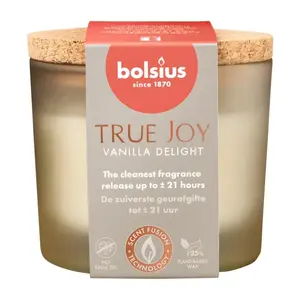 Svece stikla burkā ar korka vāku Bolsius True Joy Ø66×83 mm — vaniļas aromāts