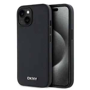 Phone case DKNY PU leather with silver metal logo MagSafe compatibility for iPhone 15, Black