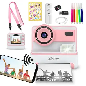 Instant camera with thermal printer Xblitz FLASH PINK — compact camera, 1980×1080 display, 1200 mAh battery, microSD reader, USB-C