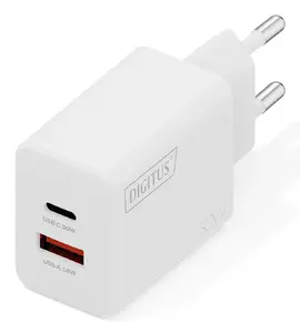 AC Indoor USB GaN Charger DIGITUS DA-10301 — 30W, 1× USB-C, 1× USB-A, 100–240V, white
