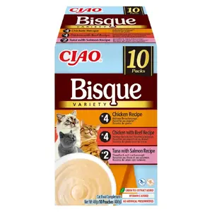 Mitrs kaķēnu barības maisījums INABA CIAO Bisque — vistas, liellopa un zivju mikss, 10 x 40 g