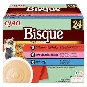 Mitras kaķu uzkodas INABA CIAO Bisque — tunzivs, liellopa, vistas 40 g pakās, komplekts 24 gab.