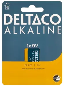 DELTACO Sārmu vienreizējās lietošanas baterija 9V 6LR61 1 gab.
