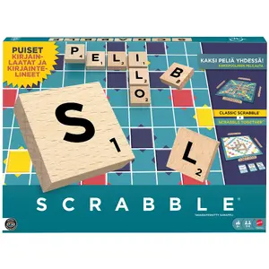 Mattel Games Scrabble Family Word Board Game with Wood Tiles and Racks Finnish Edition
