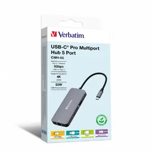 Мультипортовый хаб USB‑C VERBATIM CMH‑05 с HDMI, гигабитным Ethernet, USB 3.2 Gen 1 и USB‑C — 5 портов, 5000 Мбит/с, серебристый