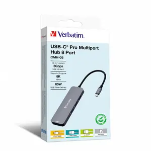 USB Type-C хаб VERBATIM CMH-08 с HDMI, USB 3.2 Gen 1 Type-A, SD/MicroSD, 5000 Mbit/с, серебристый